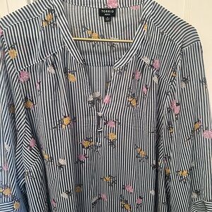 Torrid Blue Striped Blouse with Floral Accents